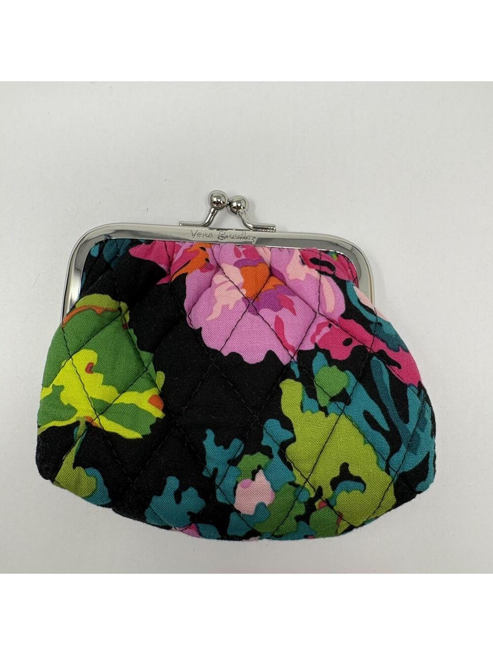 Vera Bradley Quilted Floral Kisslock Coin Purse Wallet Black Pink Green Teal Y2K
